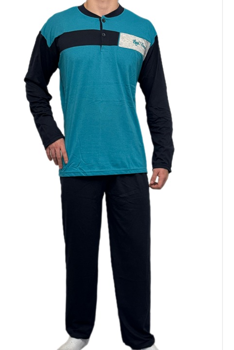 Pijama barbati, cu doi nasturi, bumbac 100, Turcoaz/Bleumarin
