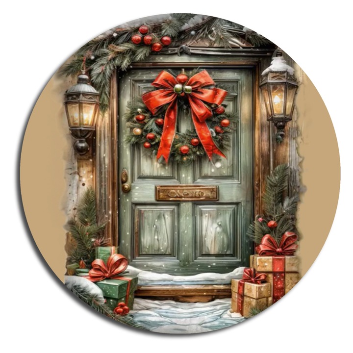 Nyomtatott fa tábla koszorú közép - Karácsonyi piros-zöld téma koszorú közép 11, 8cm