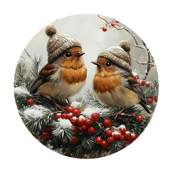 Nyomtatott fa tábla koszorú közép - Sapkás madarak 14, 8cm