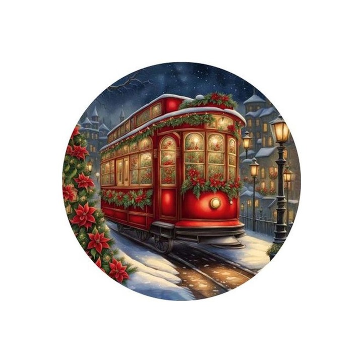 Nyomtatott fa tábla koszorú közép - Karácsonyi villamos 14, 8cm