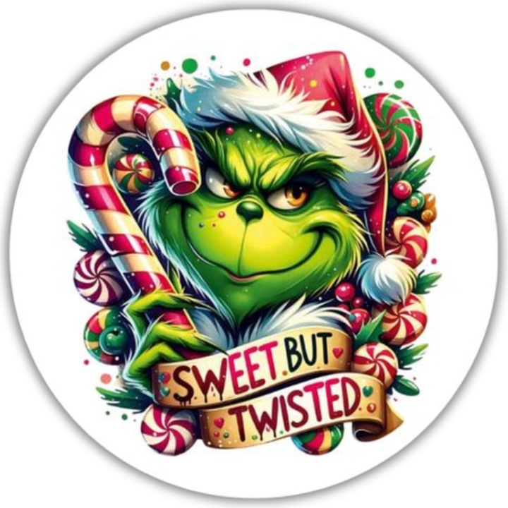 Nyomtatott fa tábla koszorú közép - Cukros grinch 14, 8cm