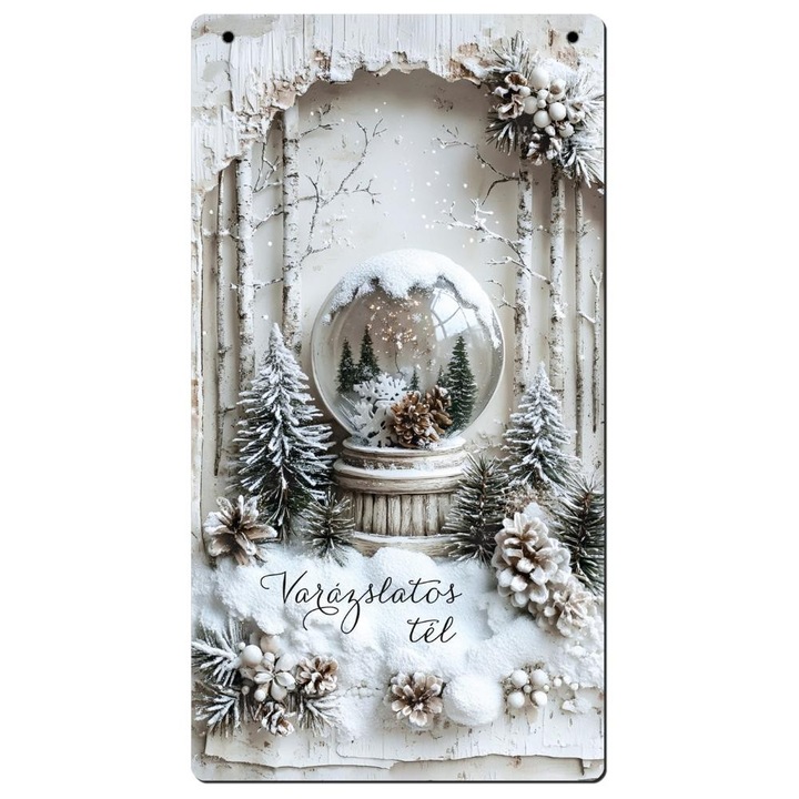 Nyomtatott fa tábla - Vintage fehér téma - hógömb 13x24, 3cm