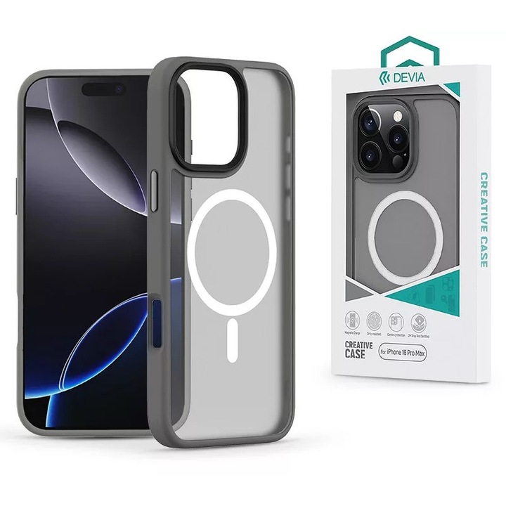 Devia Pino Series Магнитен удароустойчив калъф - съвместим с Apple iPhone 16 Pro Max - сив