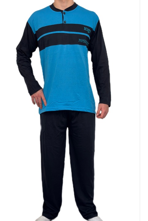Pijama barbati, cu doi nasturi, bumbac 100%, albastru deschis/bleumarin