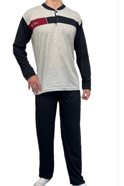 Pijama barbati, cu doi nasturi, bumbac 100%, de sezon, gri deschis/bleumarin