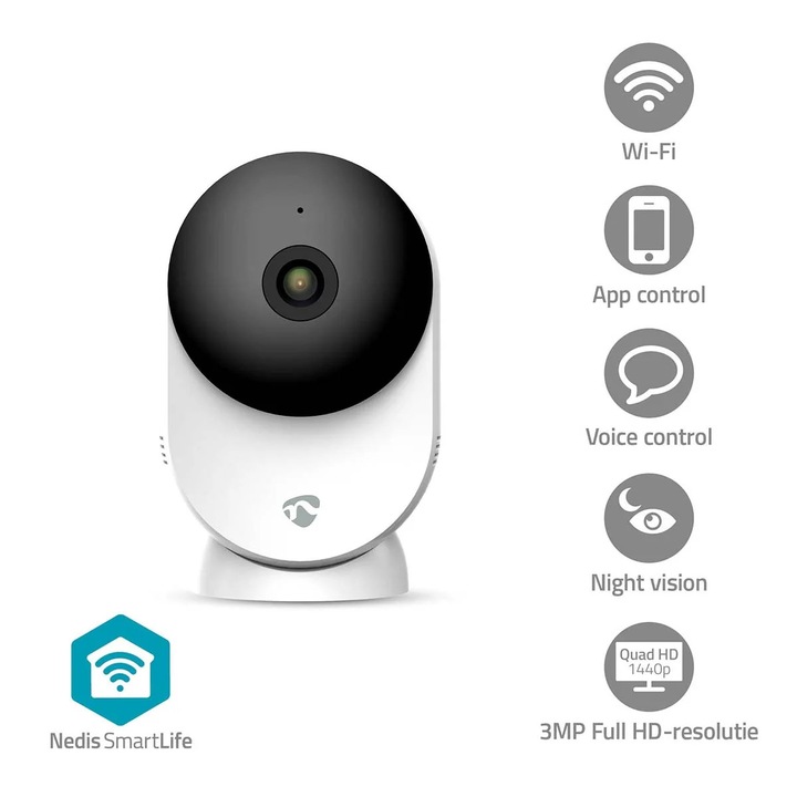 Вътрешна камера NEDIS SmartLife, Wi-Fi, 3MP Full HD, нощно виждане, бяла