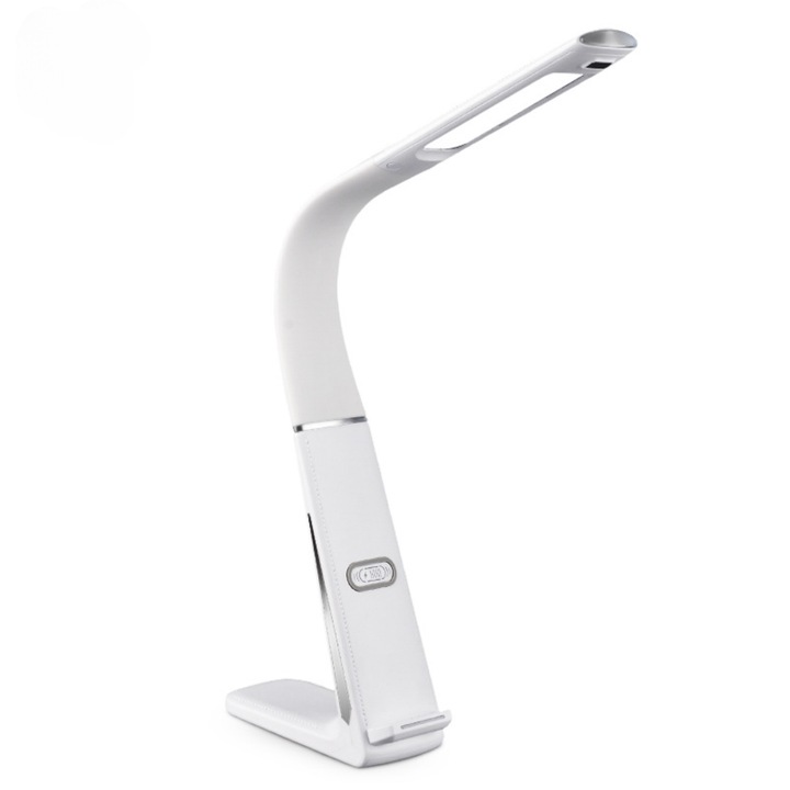 Lampa de birou cu LED Arvada® Stylus Light SML TX 75, incarcare wireless 10W telefon IOS sau Android, port USB 5V/2.1A, protectie ochi, brat flexibil reglabil 180˚ aprindere si reglare intensitate prin gesturi, pretabil office sau acasa, alba