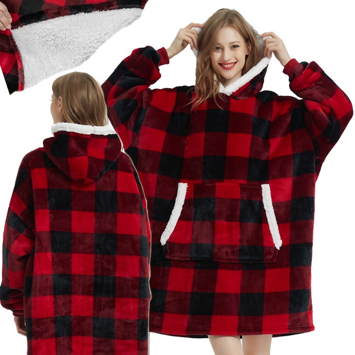 XXL 2az1-ben takaró pulóver kapucnival, kockás mintás, piros, univerzális méret