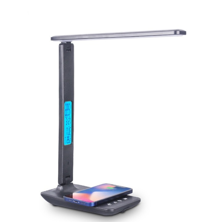 Arvada Stylus Light SML TX26CO LED asztali lámpa, 10W vezeték nélküli töltés IOS vagy Android telefonhoz, USB 5V/2.1A port, szemvédelem, 180˚-ban állítható flexibilis kar, gesztusvezérlésű be- és kikapcsolás, fényerő szabályozás, iroda/otthon, fekete