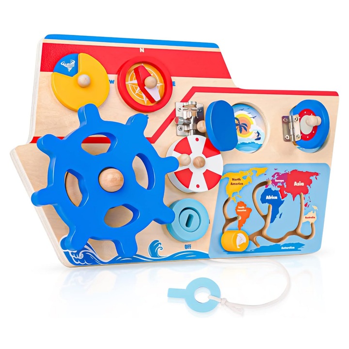 Jucarie Educativa Montessori Busy Board ''Nava Micilor Exploratori”, Tabla de activitati Montessori, Jucarie Senzoriala