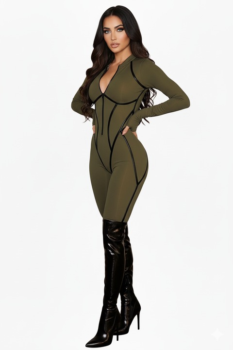 Salopeta dama modelatoare cu insertii din latex, maneca tip manusa, culoare kaki, marime XS-S