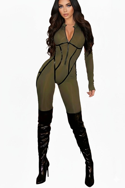 Salopeta dama modelatoare, maneca tip manusa, culoare kaki, marimea L