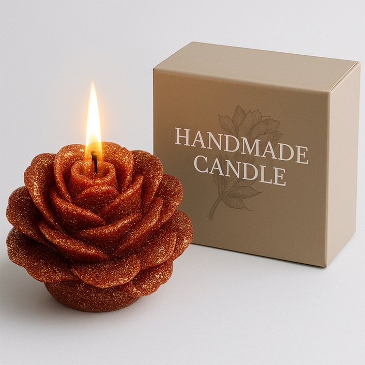 Свещ Роза със Златист Фосфоресцент, 65гр - Свещ 48°C безопасна, 4.5+ часа горене, Романтичен подарък за интериорен декор