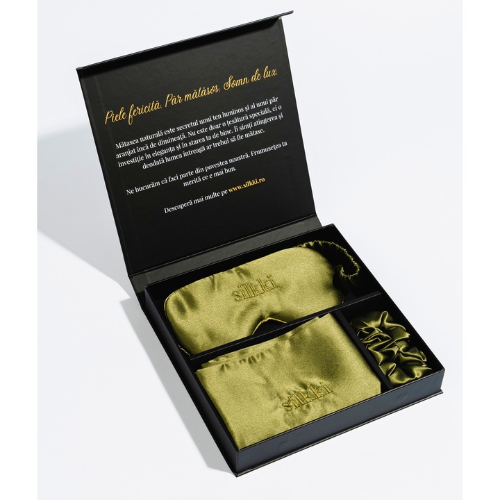 Set fata de perna, masca de noapte si elastic de par din 100% matase Mulberry, 22mm, verde masliniu