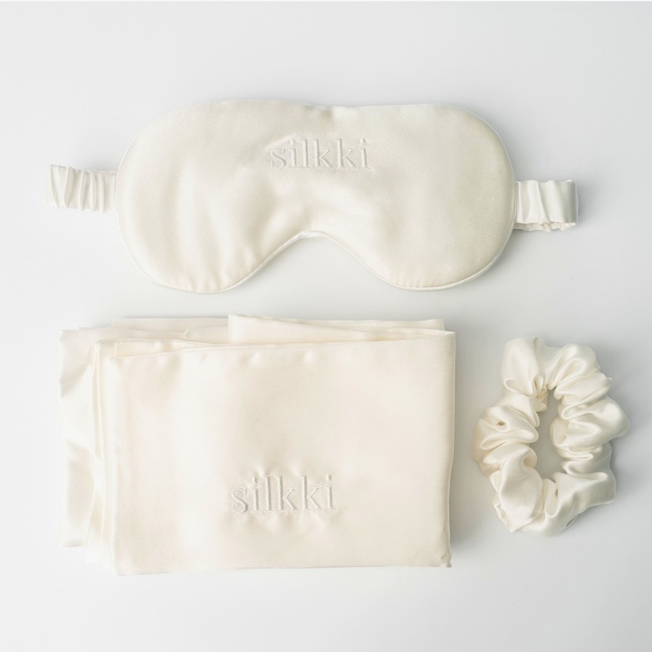 Set fata de perna, masca de noapte si elastic de par din 100% matase Mulberry, 22mm, alb