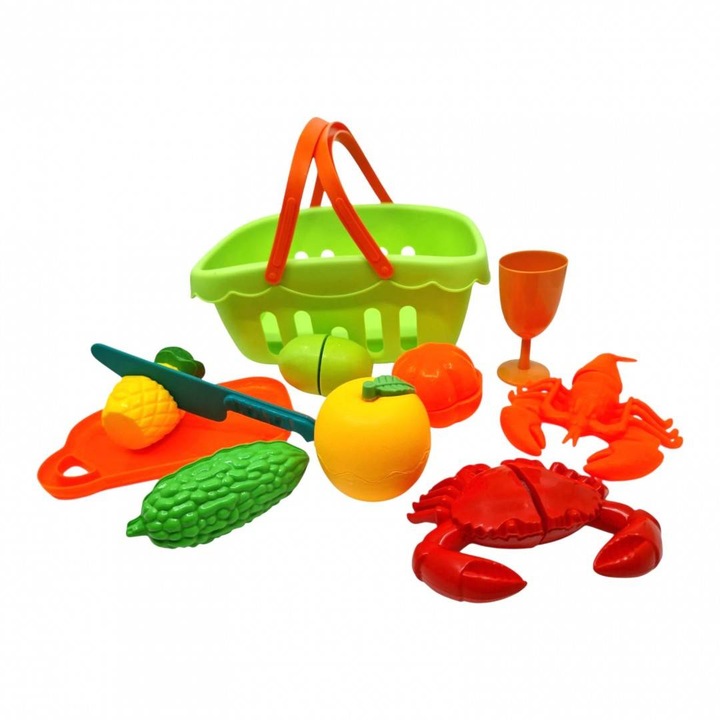 Set jucării de tăiat fructe și legume cu coș și accesorii, multicolor, 23x15x9cm
