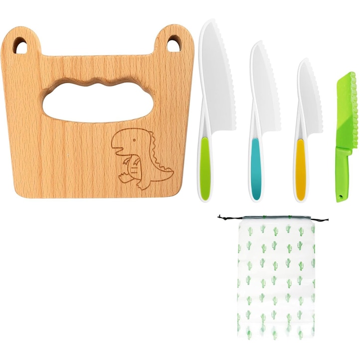 Set 5 piese, Cutite si Accesorii pentru Copii, lemn natural si plastic, multicolor