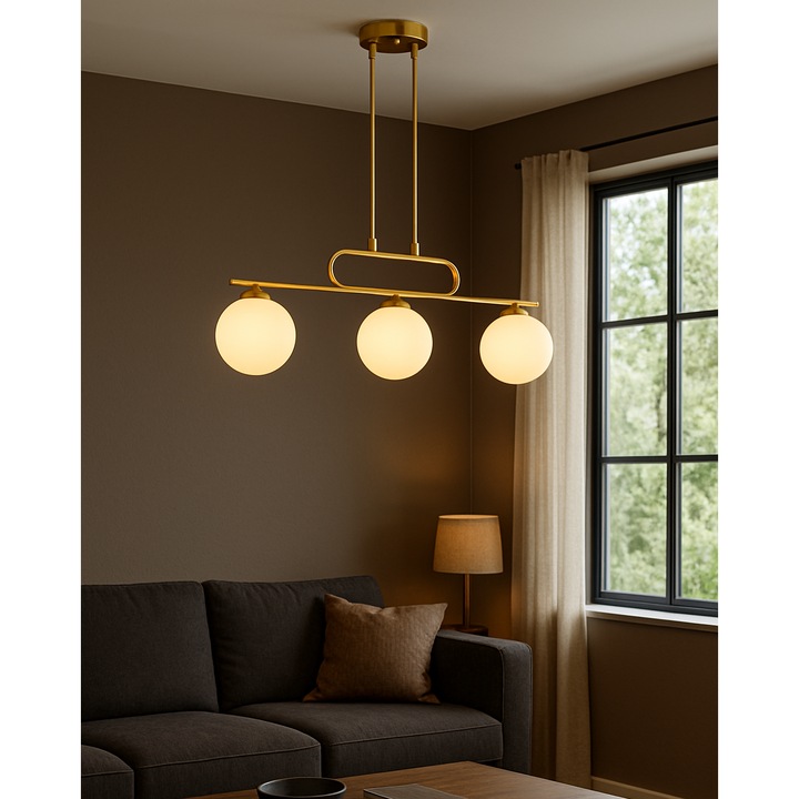 Полилей с 3 глобуса, цокъл E27, златист корпус, бели глобуси, регулируема височина ZenLED®