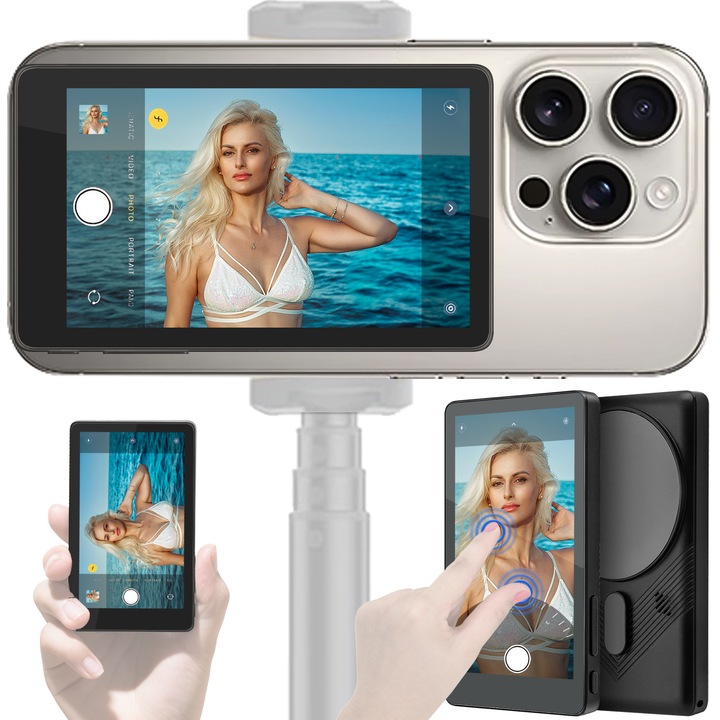 Monitor Selfie Magnetic Pentru Telefon, Ecran de 4,02 inci, Ecran Suplimentar Wireless Selfie, Compatibil iOS, Android, Pentru Vlog, Video, Obtineti selfie-uri perfecte cu camera din spate, Negru