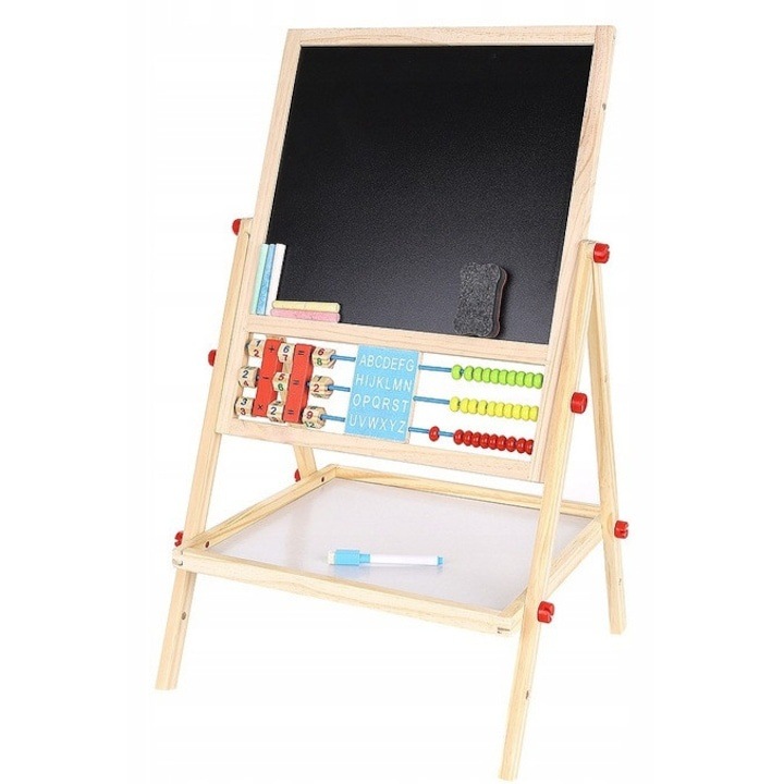 Tabla cu doua fete tip sevalet cu tavita depozitare, crem, numaratoare, ceas, numere, marker, creta si burete incluse, dimensiune 34x42x65 cm