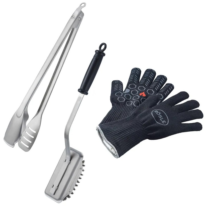 Set 3 ustensile pentru gratar Rosle, BBQ, manusi termorezistente ignifuge, marime universala, cleste otel inoxidabil, sistem blocare inteligent, perie de curatare, peri din otel inoxidabil, curatare eficienta, compact, inox
