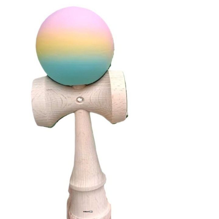 Kendama Profesionala GREATON Model X, Din Lemn Natural, Cu Bila Cauciucata si Aderenta Rubber Grip, 18 cm, Joc de Indemanare si Coordonare Pentru Copii si Adulti, Culori Bila Roz/Galben/Albastru