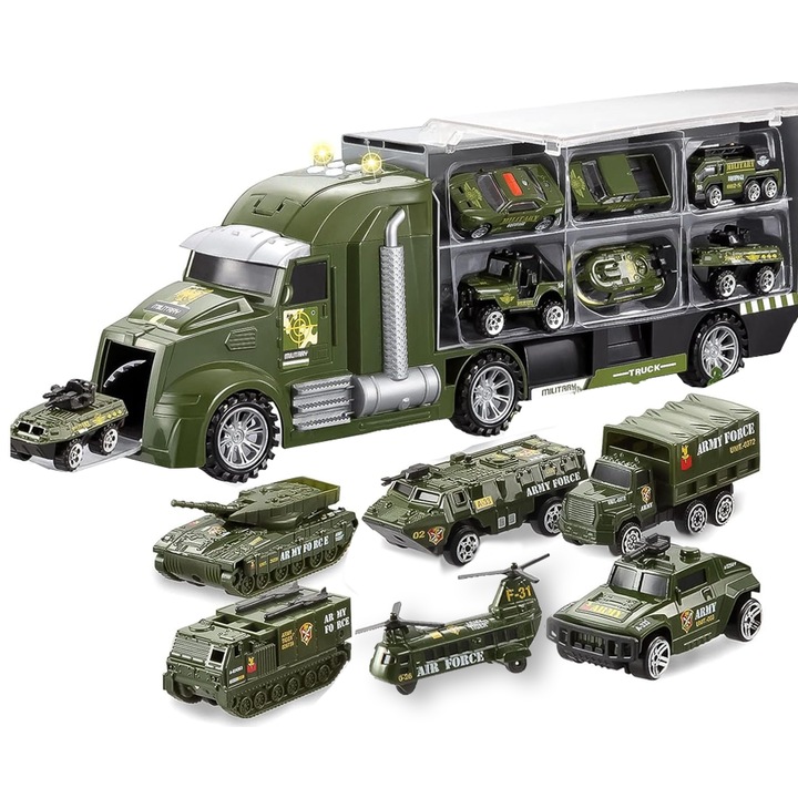 Teno® játék kamion és utánfutó készlet, katonai sorozat, 6 kisautóval, tank, páncélozott járművek, mozgatható kiegészítők, kilövő és elülső rámpa, vontatóplatform, zöld