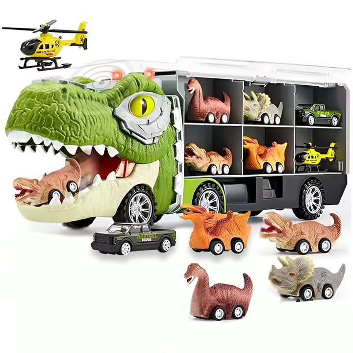 Set Camion Trailer de Jucarie pentru Transport Teno®, T-REX, 6 vehicule incluse, masina, barca, elicopter, accesorii mobile, lansator si rampa frontala, platforma tractare, verde deschis