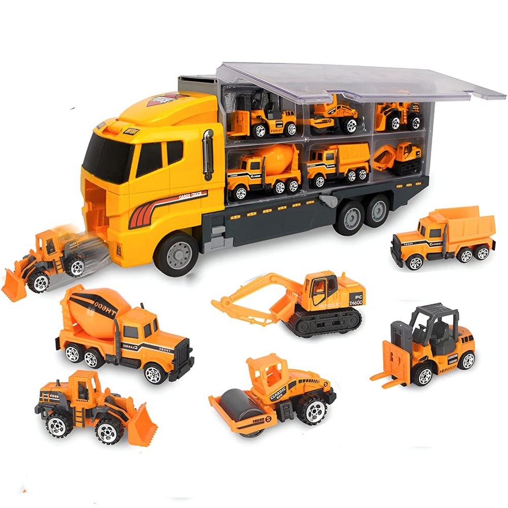 Set Camion Trailer de Jucarie pentru Transport Teno®, seria utilaje de constructie, 6 masinute incluse, bulldozer, utilaje, tir, accesorii mobile, lansator si rampa frontala, platforma tractare, galben