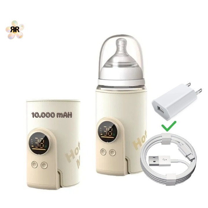 Incalzitor Biberon portabil, inteligent RIR@ Hot Milk Pro, 10.000 mAh, Display LED, Reglaj de Temperatura 24–50°C, Incarcare USB-C – compatibil universal, pentru lapte matern si formula – crem