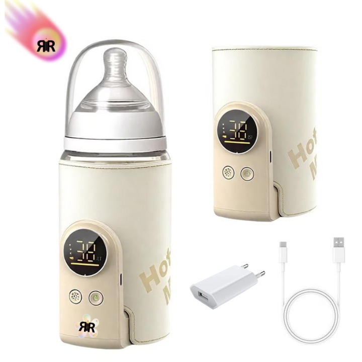 Преносим, интелигентен нагревател за бутилки RIR@ Hot Milk Pro, 10 000 mAh, LED дисплей, регулиране на температурата 24–50°C, USB-C зареждане – универсално съвместим, за кърма и формула – крем