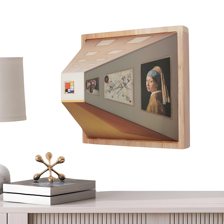 Tablou Iluzie Teno®, picturi celebre, design 3D, diverse perspective, rama din lemn, lumini LED, naked eye, 19 x 19 x 15 cm, maro