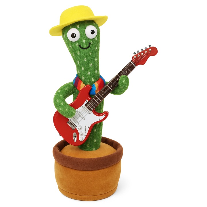 Jucarie Interactiva, Cactus Dansator cu Chitara Rosu, Melodie, Reproducere sunete, USB, 32 cm, Rosu