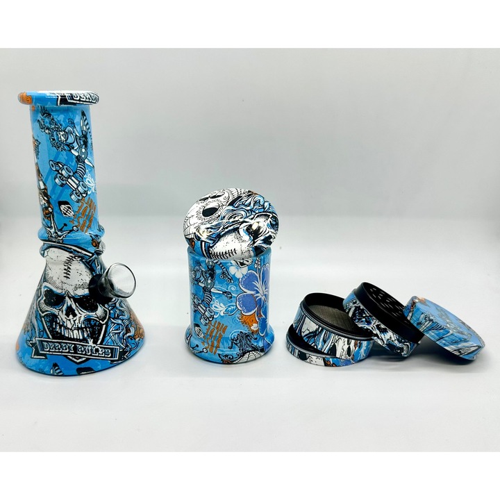 Set Dream 9 - Bong acrilic cu design artistic, grinder si recipient de depozitare, 3 piese