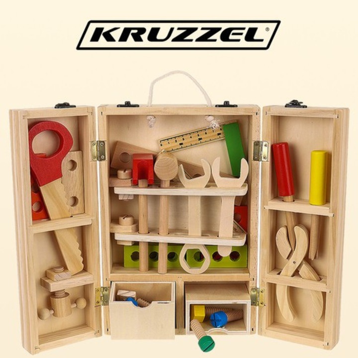 Cutie de scule din lemn pentru copii, marca Kruzzel, set 24 piese, maner din sfoara, accesorii incluse, educativ si sigur