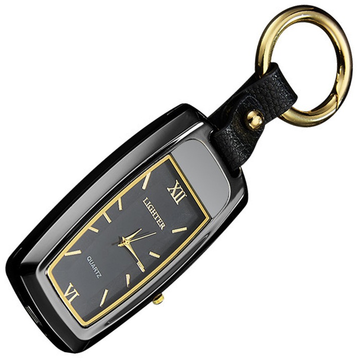 Bricheta electrica, cu lanterna, breloc, ceas quartz de design, reincarcabila, cu cablu USB, fara gaz, antivant, incandescenta, cutie cadou, Negru, OptimStar®
