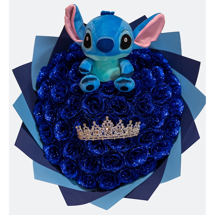 Buchet Albastru de 51 de Trandafiri Artificiali cu Sclipici, plus Stitch si coronita