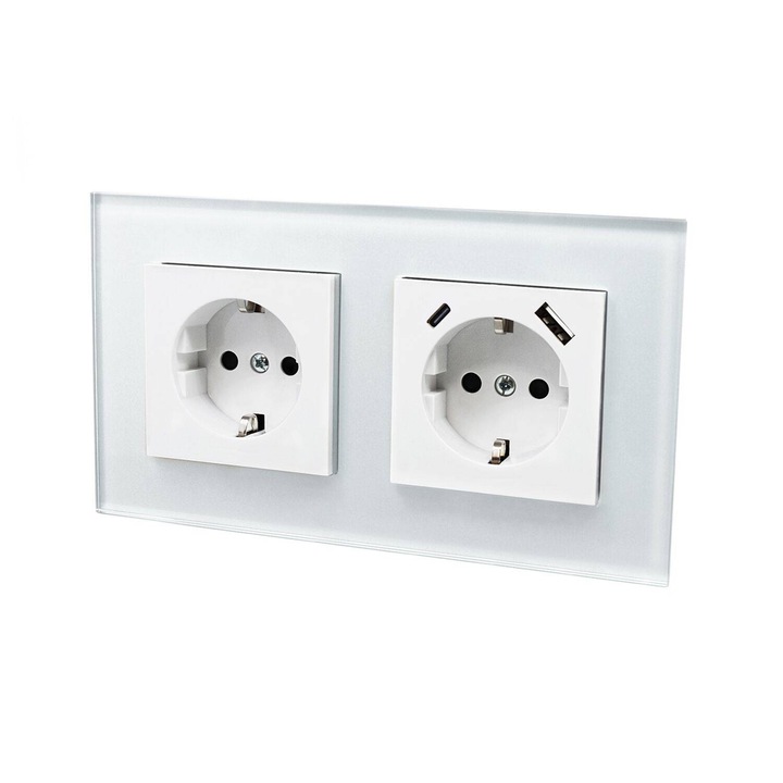 Priză dublă de perete, MYVOLTY, 5V 3.4A, 17W, + USB A+C, Cu ramă de sticlă, Alb