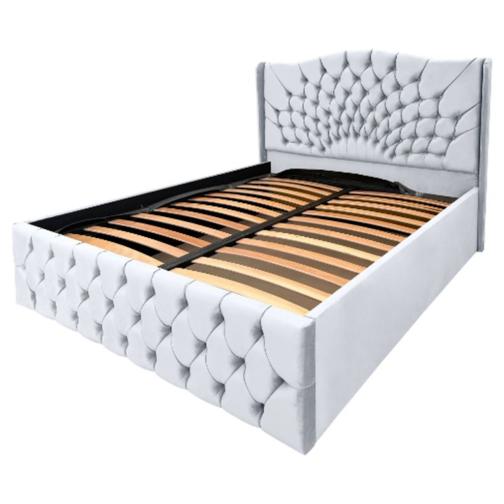 Pat dublu tapitat gri deschis Royal cu spatiu de depozitare si somiera rabatabila, 140x200