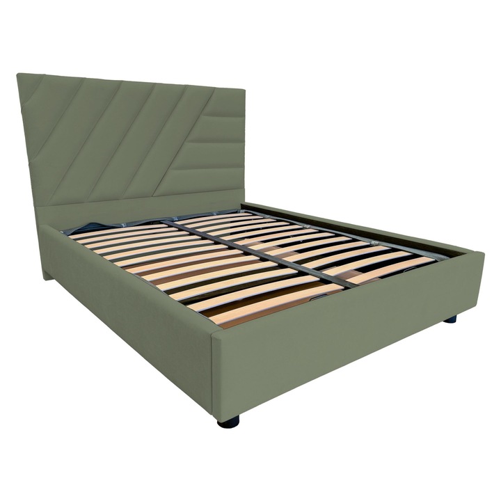 Pat dublu tapitat Pedro cu picioare, spatiu de depozitare si somiera rabatabila, verde maslin, 180x200