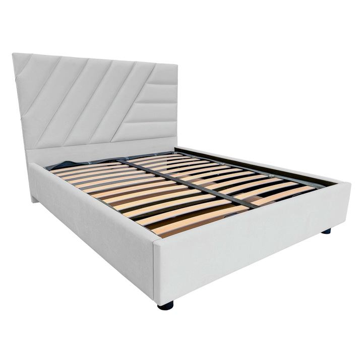 Pat dublu tapitat Pedro cu picioare, spatiu de depozitare si somiera rabatabila, alb perlat, 140x200