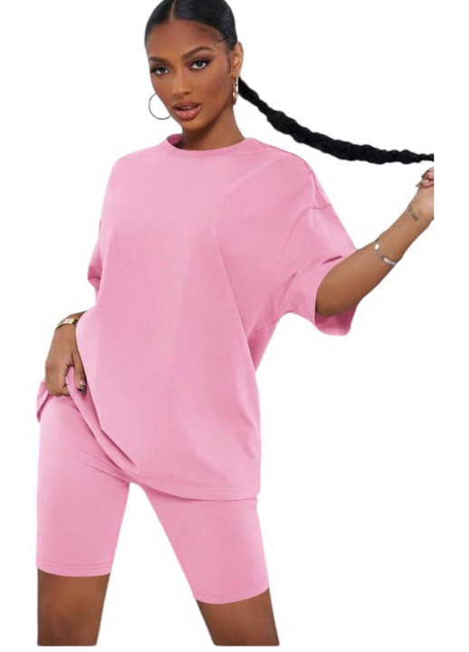 Compleu dama, casual, din doua piese, bluza si pantaloni, roz, M