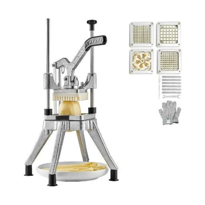 Kereskedelmi zöldség- és gyümölcsvágó, 4 cserélhető pengével, 1,27 cm, 0,95 cm, 0,64 cm, rozsdamentes acél és alumínium test, csúszásmentes talp, ezüst