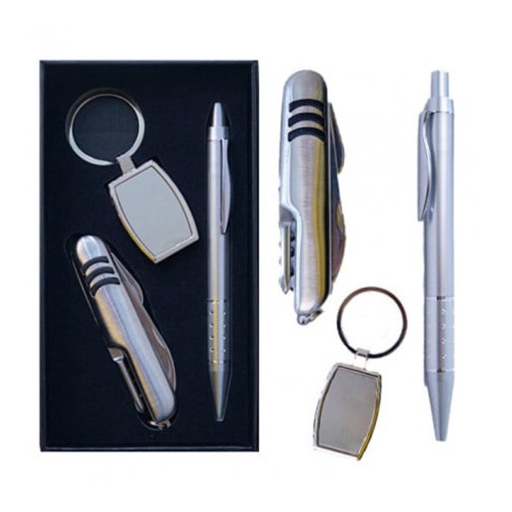 Подаръчен комплект за мъже, 3 части, многофункционален нож, химикалка и метален ключодържател, сребрист, Velve