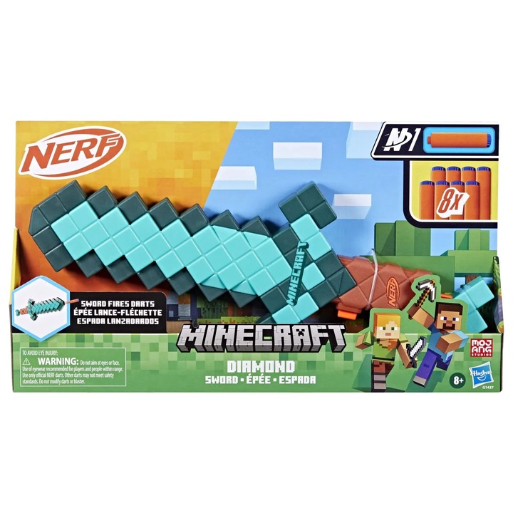 Бластер Nerf Minecraft Diamond, Hasbro, 2 в 1, 8 стрелички, многоцветен