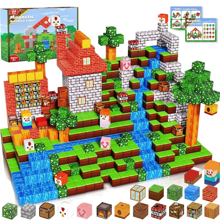 Set cuburi magnetice 100 bucati, Dezvolta coordonarea mana-ochi, KiuKieya, 2x2cm, Jucarie cadou pentru bebelusi de 3, 4, 5, 6 si 7 ani, Blocuri de constructie magnetice STEM educative creative, ZH-019