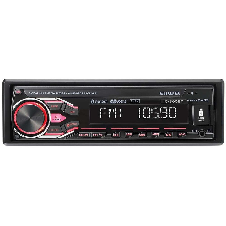 Radio auto Aiwa IC-300BT cu Bluetooth 5.1 si panou frontal detasabil, 178x50x105mm, iluminare RGB