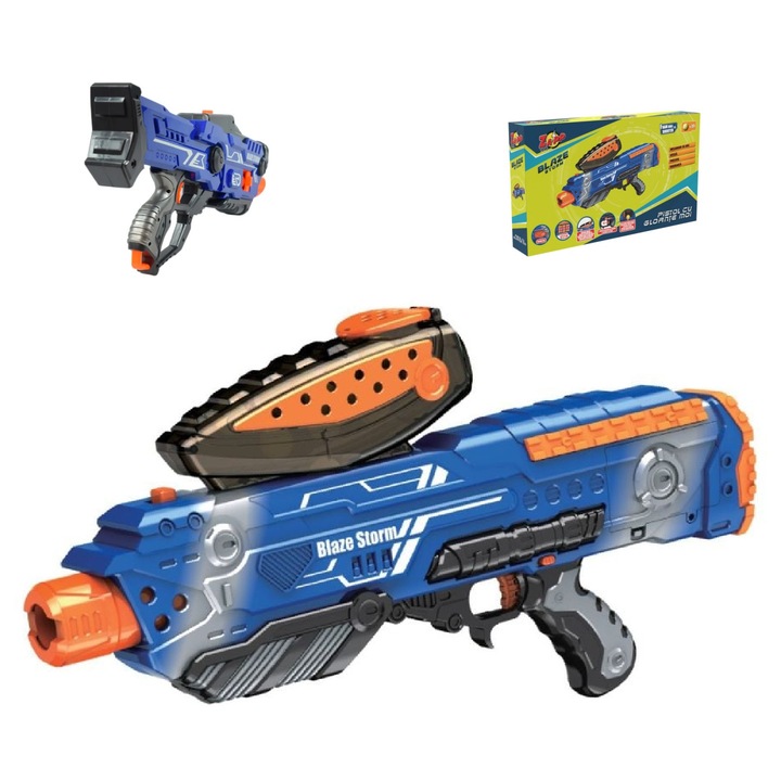 Интерактивна играчка, автоматично оръжие/пушка с 20 дунапренени топчета, Blaze Storm, 55x30 см, 6 батерии АА не са включени, звукови ефекти, минимална препоръчителна възраст 14+, многоцветен син