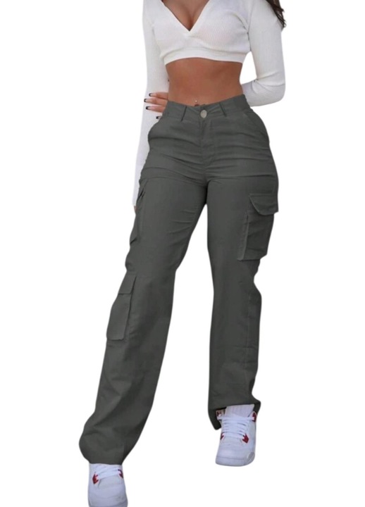 Női nadrág, hétköznapi, cargo, zsebekkel, magas derék, szürke, XS