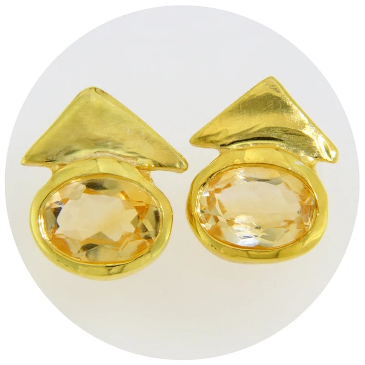 Cercei Argint 925 Aurit cu Citrin Natural, Stud, Usori si Delicati